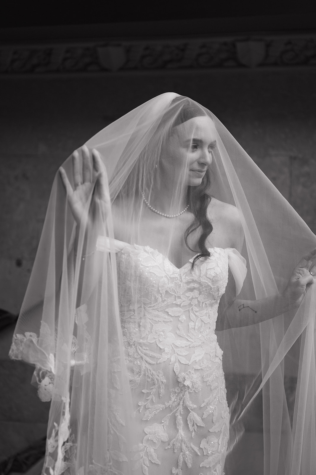 Black and white editorial portrait of a bride in Detroit.