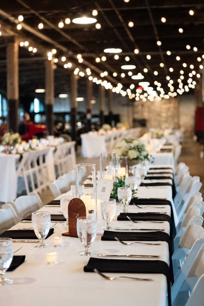 Indoor Ford Piquette Avenue Plant wedding reception in Detroit.