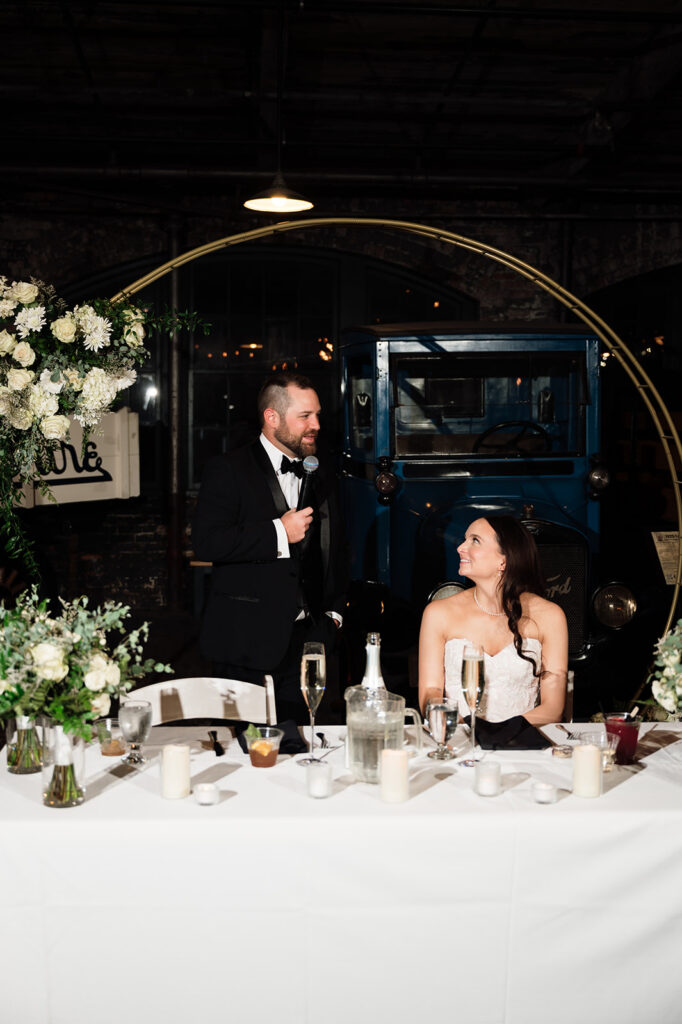 Groom giving a speech during his Ford Piquette Avenue Plant wedding reception.