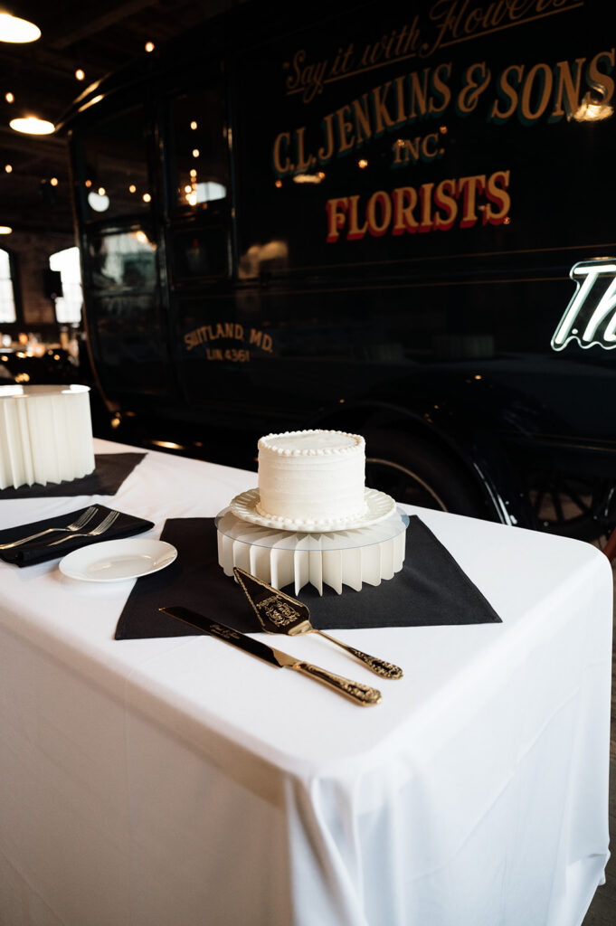 Ford Piquette Avenue Plant wedding reception detail shot of the cake.