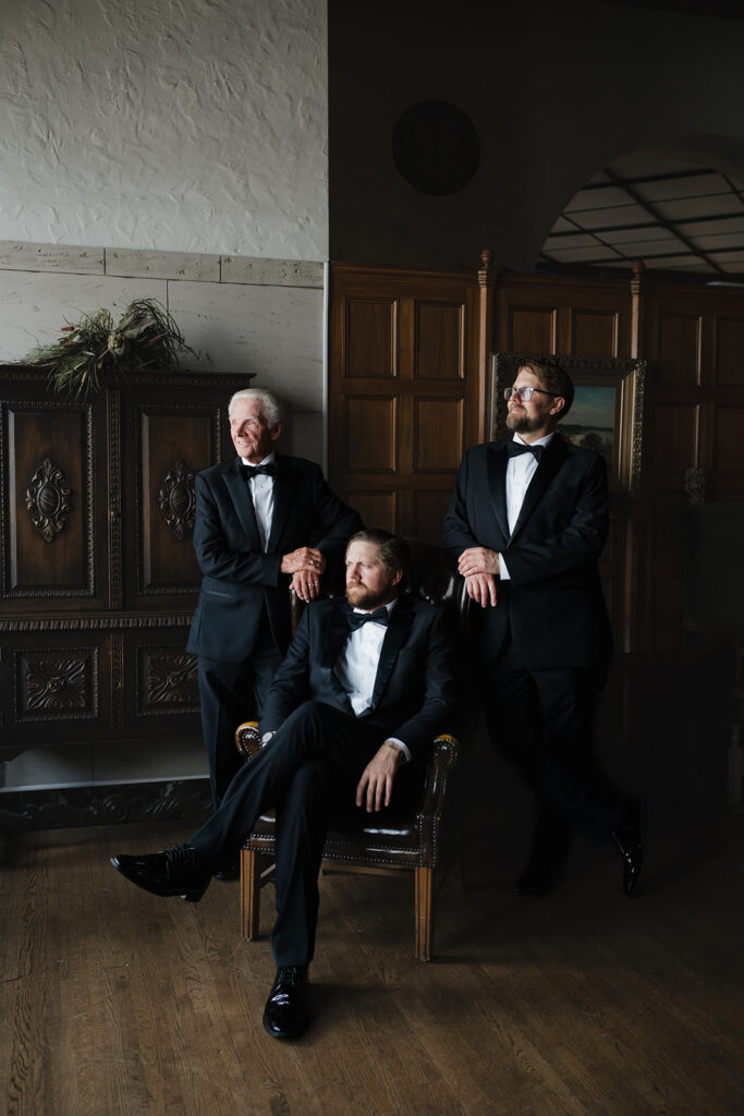 Editorial groom and groomsmen portrait at Detroit Yacht Club.