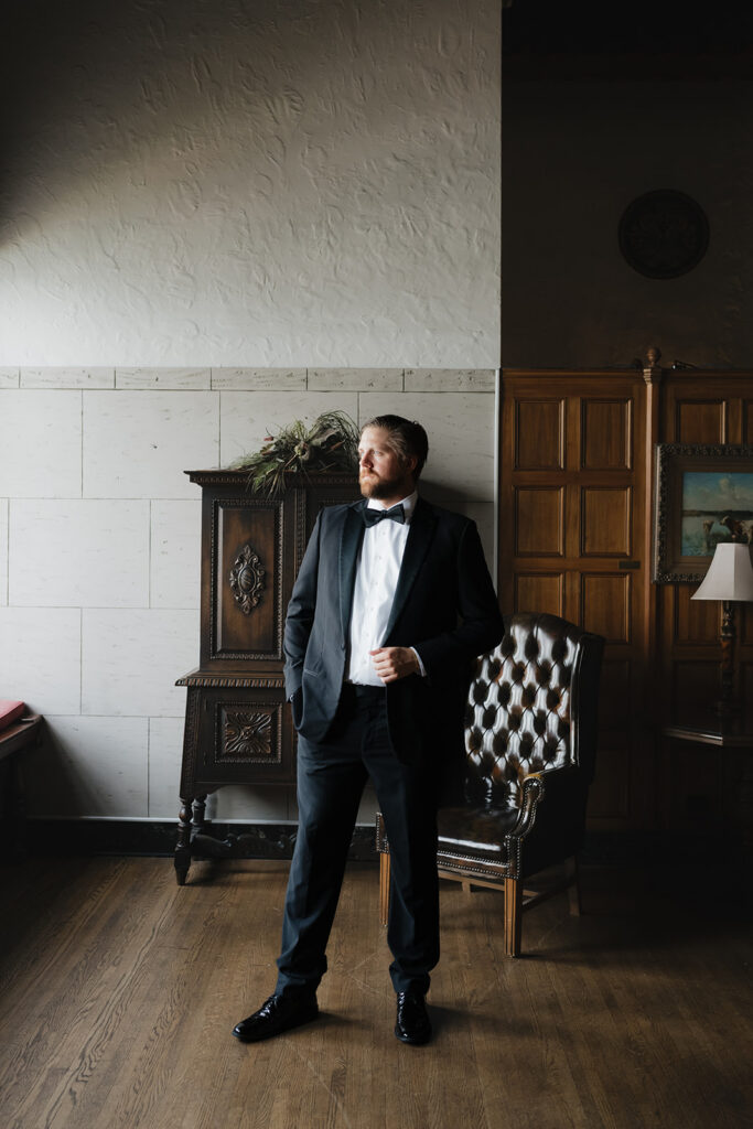 Indoor grooms portraits at Detroit Yacht Club.