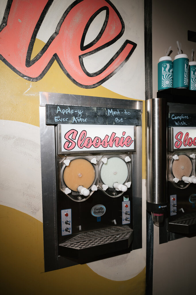 Slooshie machine with apple-y ever after and mint-to-be flavors for a Detroit Fleat wedding reception.