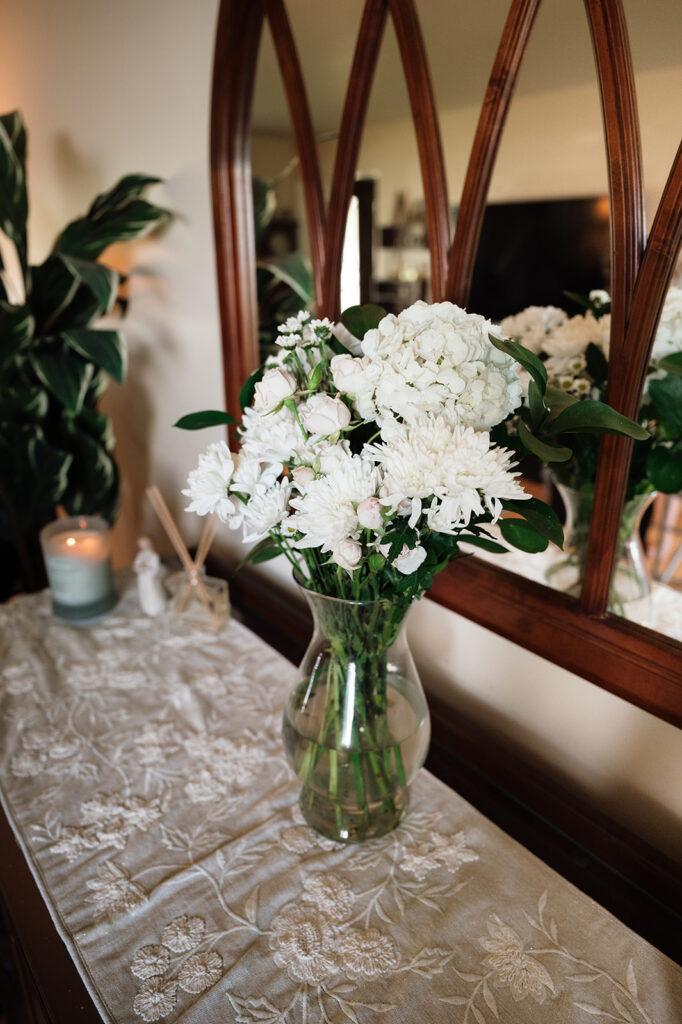 Wedding bouquet in a vase of water.