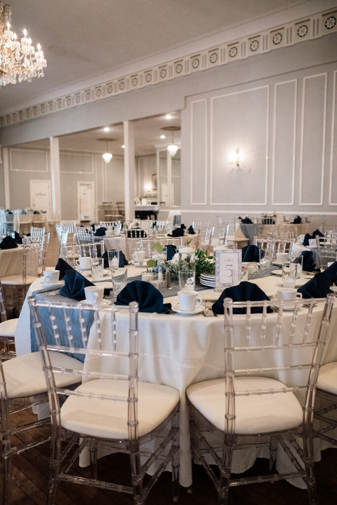 Indoor Michigan wedding reception at The Meeting House Grand Ballroom in Plymouth, Michigan.