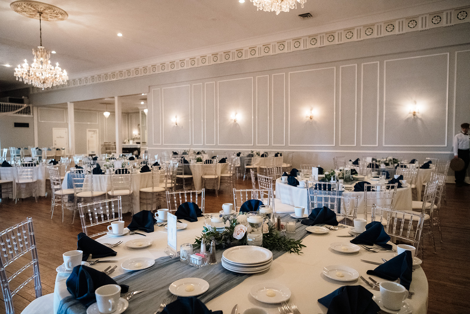 Indoor Metro Detroit wedding reception setup at Meeting House Grand Ballroom in Plymouth.