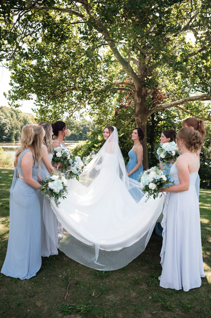Outdoor bride and bridesmaids photos at Kellogg Park in Plymouth, MI.