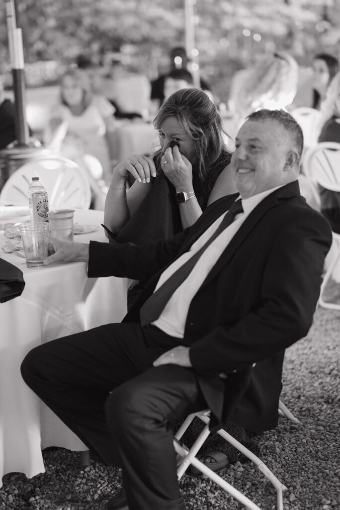 Black and white photo of guests getting emotional during speeches.