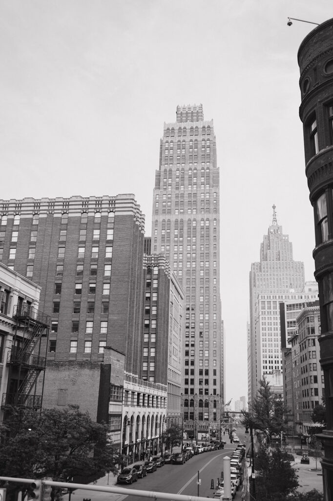Black and white photo of Detroit.