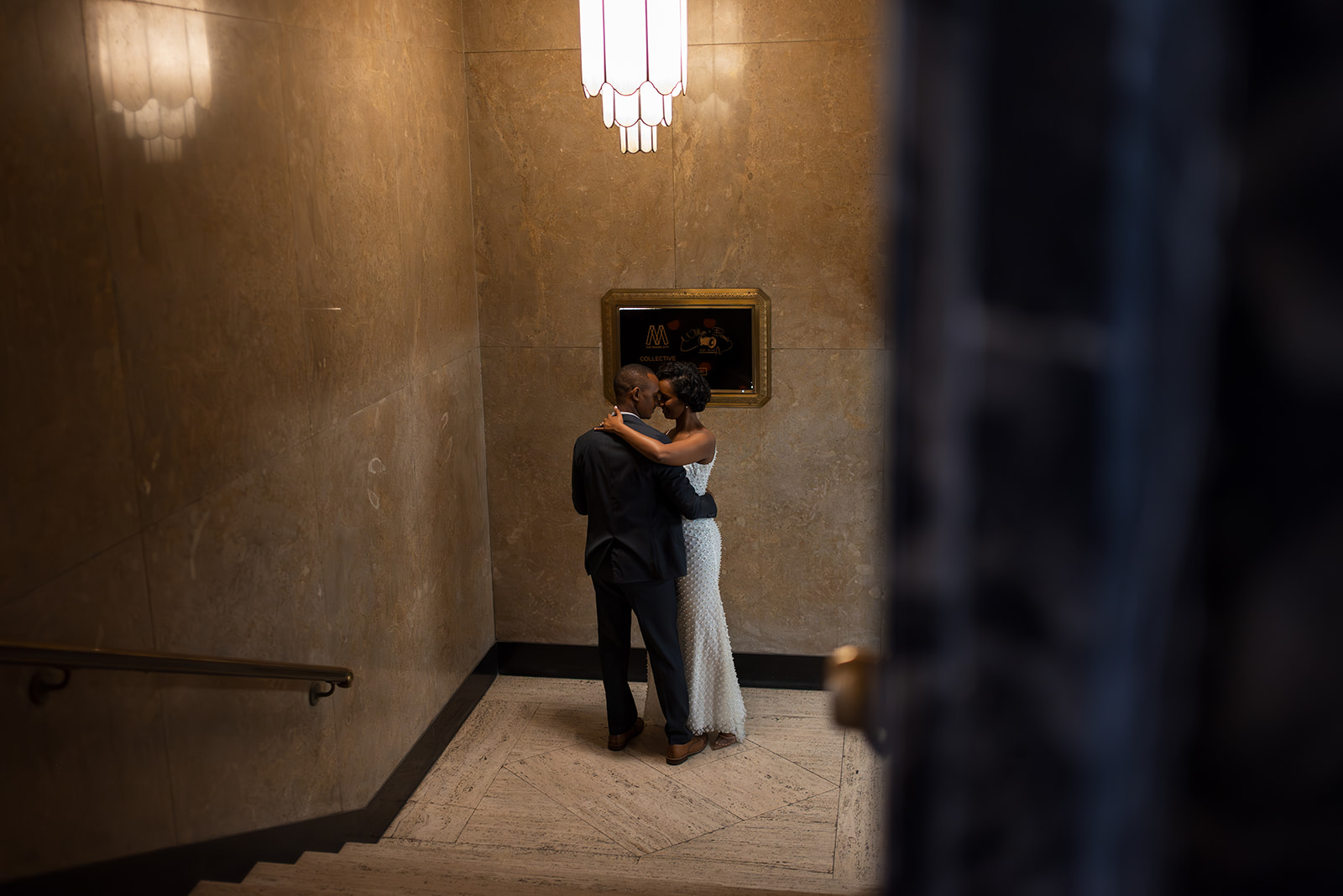 Couple posing inside of Fisher Building for their Detroit engagement photos.
