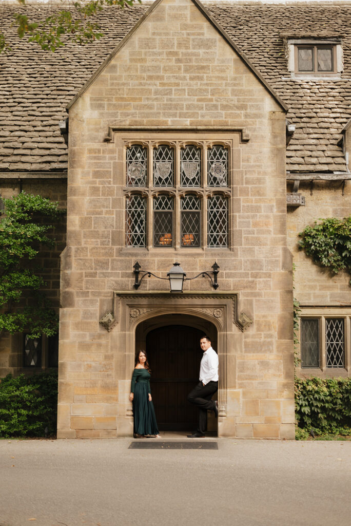 Couple posing for their Ford House engagement photos in Grosse Pointe Shores, Michigan.